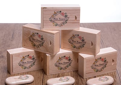 Wooden timber flash drive and matching box with color printing
